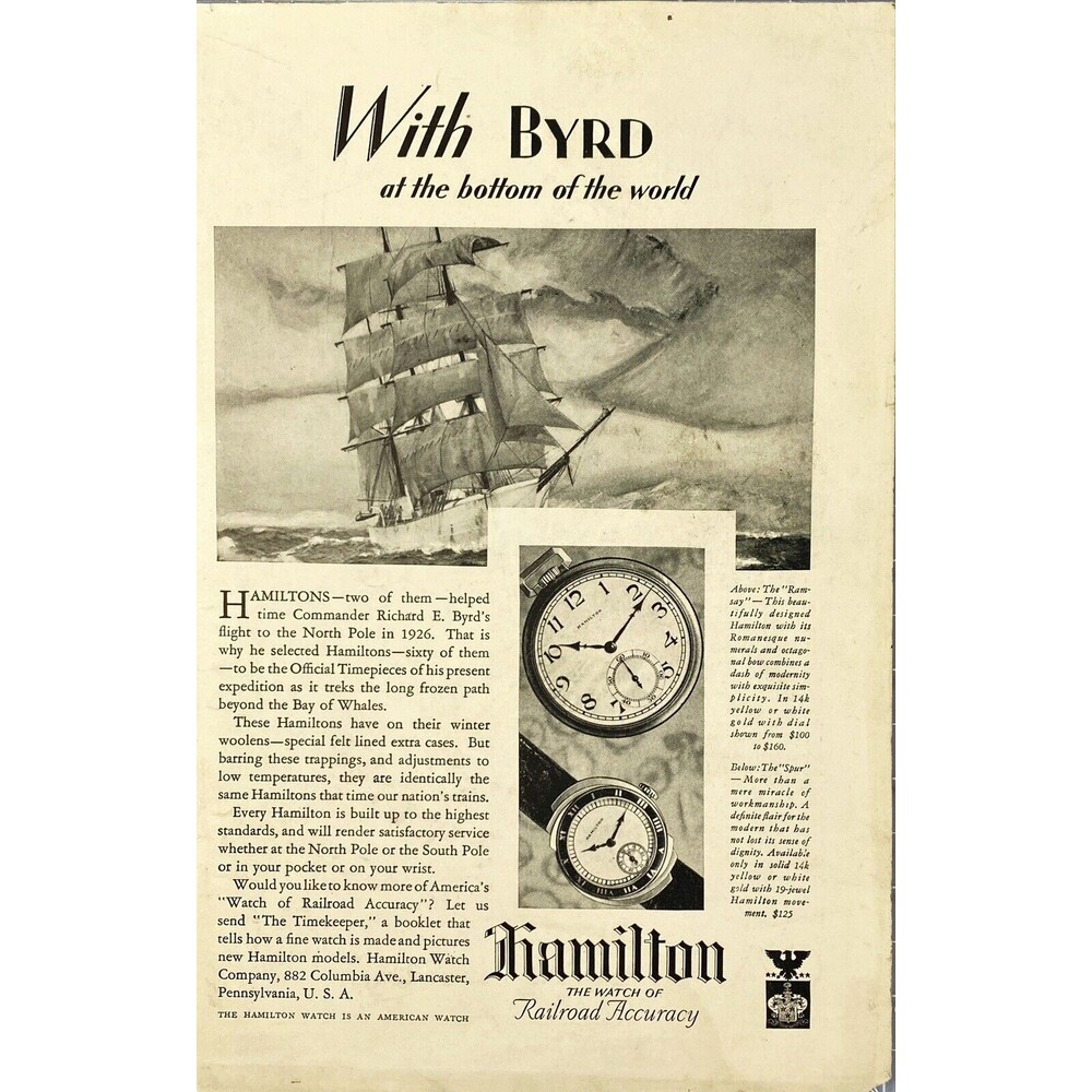 Hamilton "The Watch of Railroad Accuracy" Helped Admiral Byrd Vtg Print Ad 1929